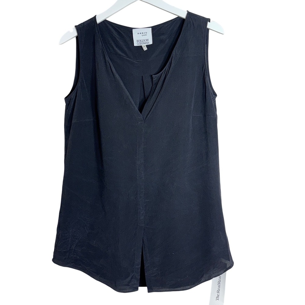 Akris‎ Punto Black 100% Silk Sleeveless V-Neck Pleated Blouse Top US 8 Bergdorf